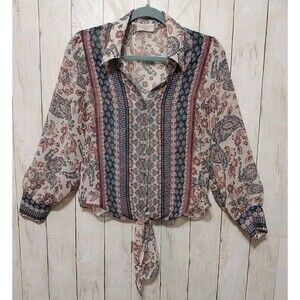 Dress Forum Los Angeles Paisley Sheer Top With Tie Bell Sleeves Pink Blue Small